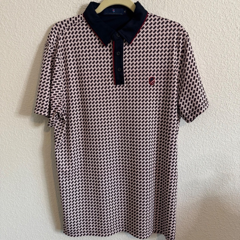 Extracurricular Mens Geometric Print Golf Polo Shirt Navy Red White Size Medium - Picture 2 of 7